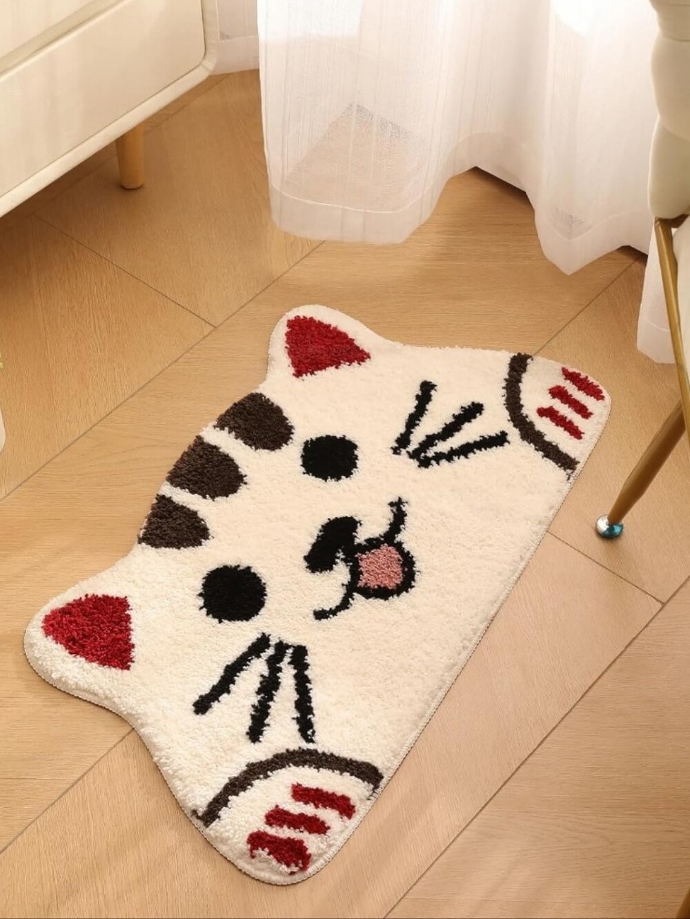 Cute Cat Face Plush Bath Mat - Cream with Red & Black Accents